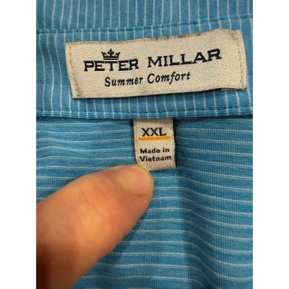 Peter Millar Summer Comfort Polo Shirt Mens XXL Blue White Micro Stripe Golf EUC
